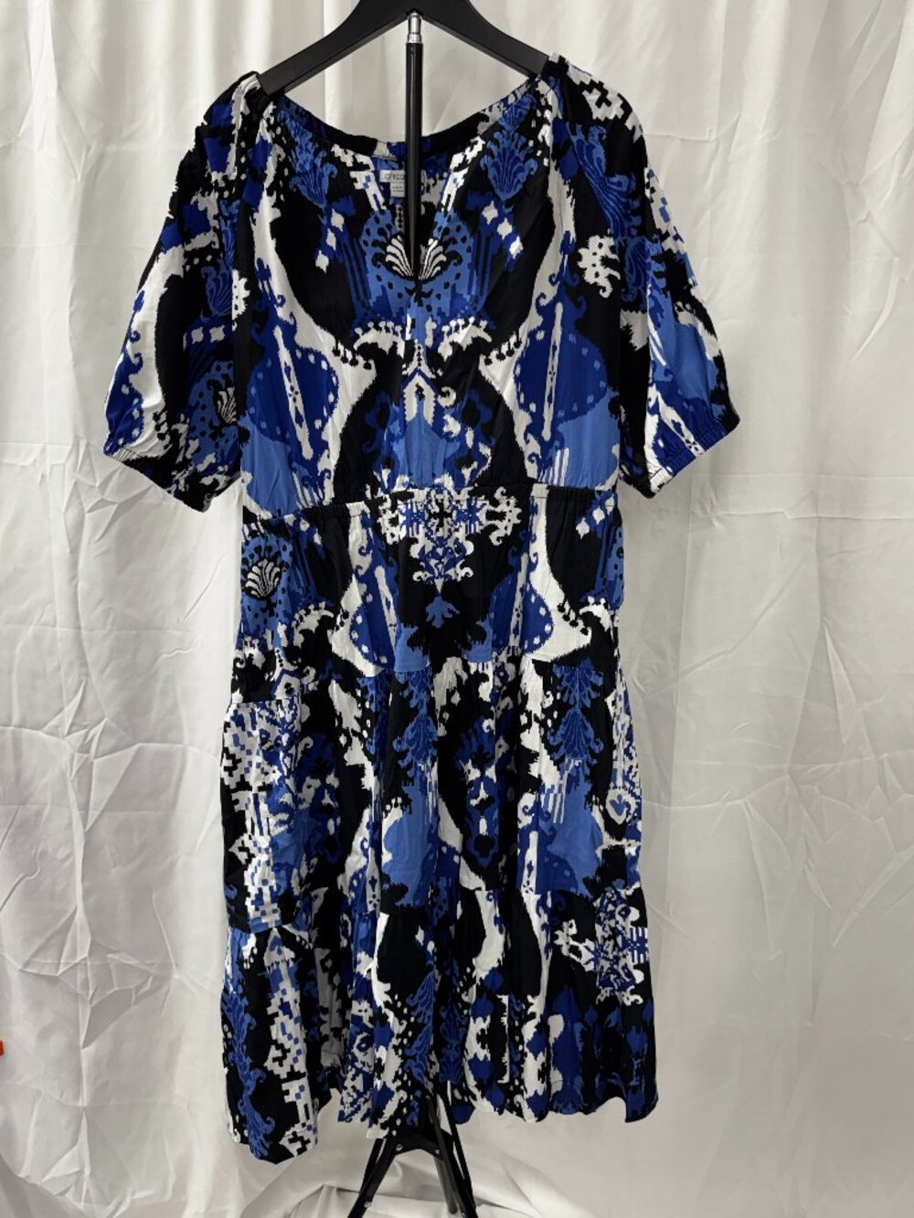 Chicos Ikat Puff Sleeve Smocked Tiered Midi Dress Navy White Sz L 14 - Picture 2 of 15